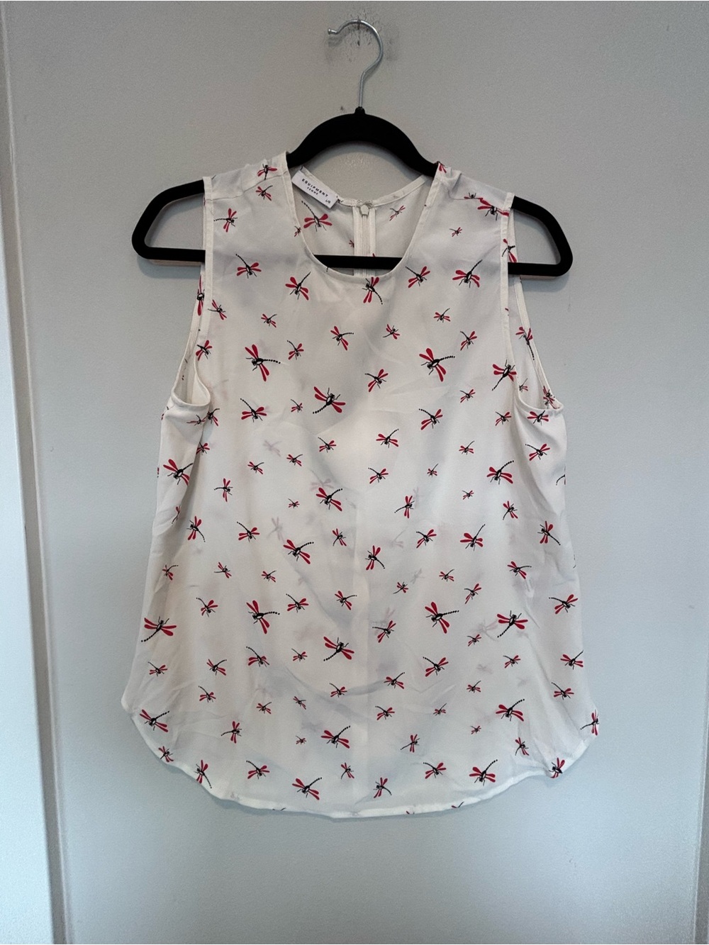 Equipment White Dragonfly Print 100% Silk Sleeveless Top with Red Accents